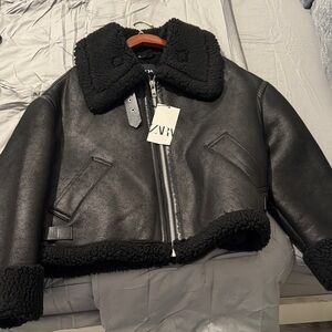Zara Black Leather Shearling Jacket